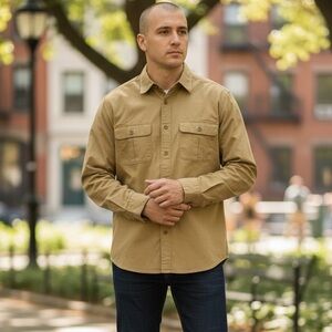 Eddie Bauer Men's Casual Tan Button-Down Cotton Work Shirt in size xlg